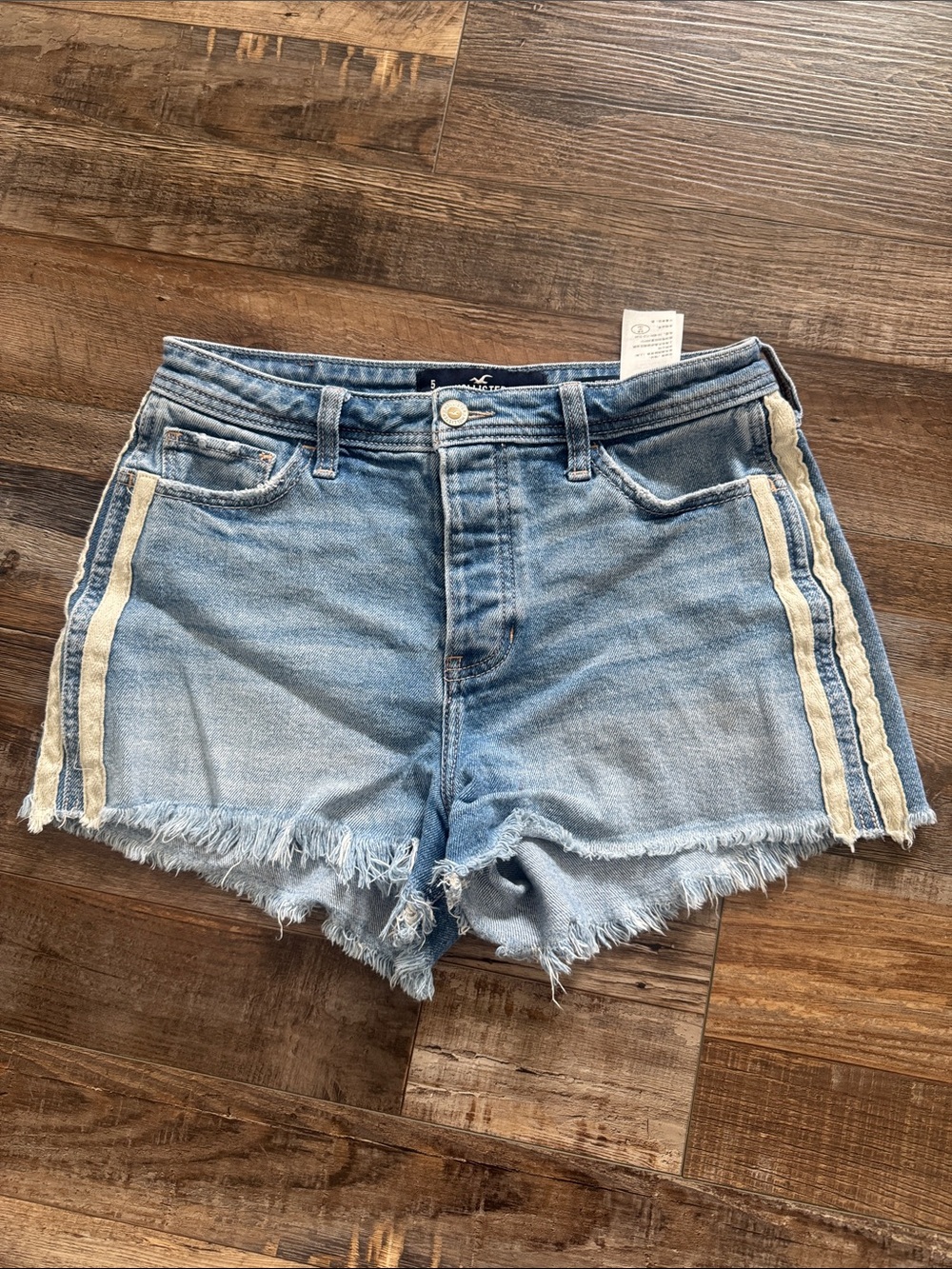 Hollister Light Blue Denim Shorts with Cream Side Stripes